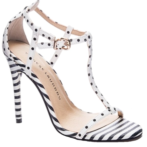 Chinese Laundry Navy & White Striped & Polka Dot Heels Size 7.5 - Picture 1 of 5